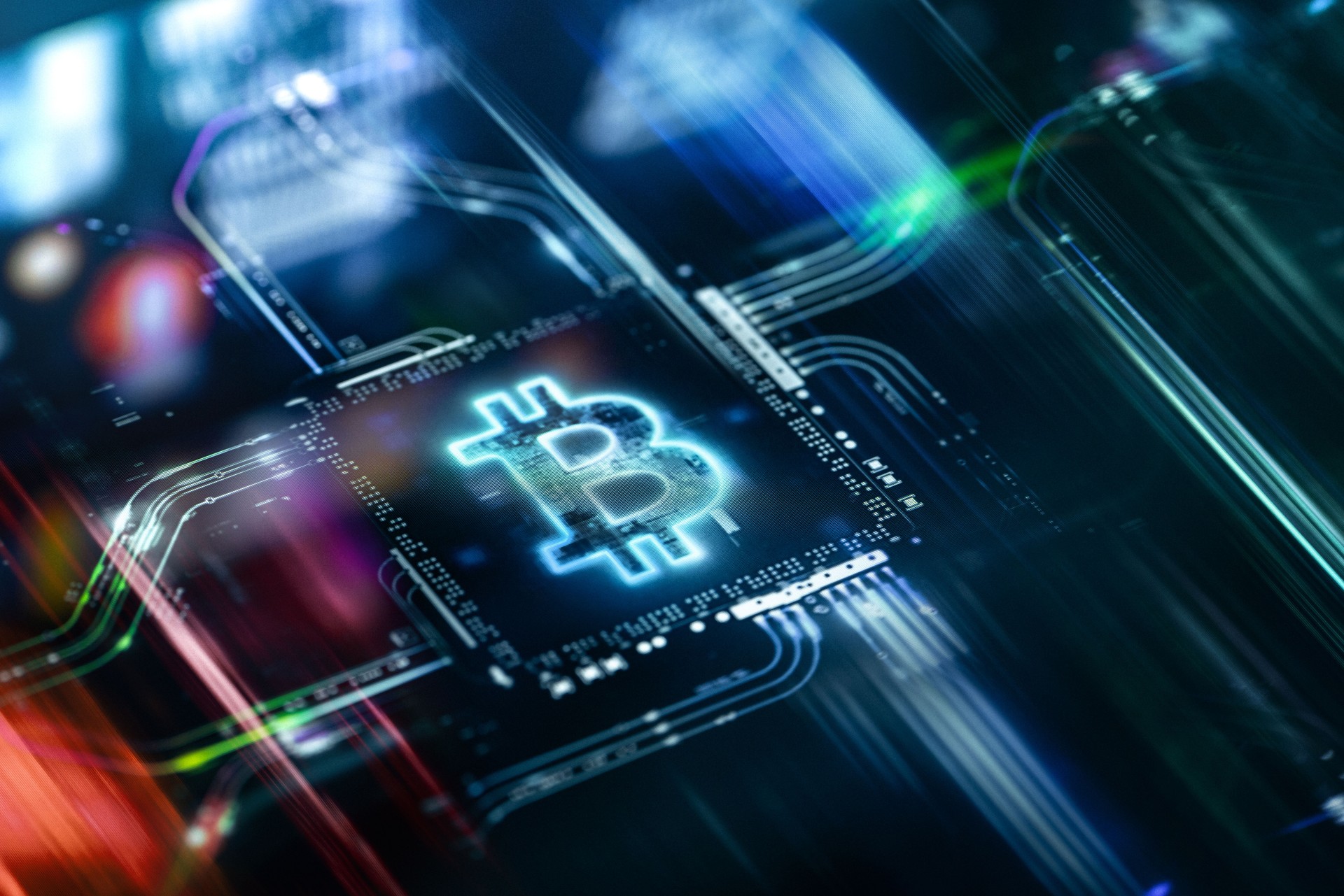 Crypto Currency Visual With Neon Bitcoin on Digital Circuits Showcasing E-Wallets and Digital Curreny Transfers